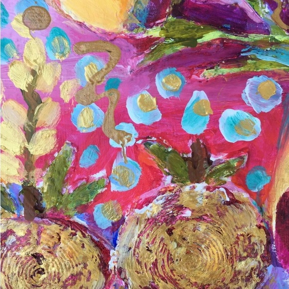 Handmade Original Mixed Media Painting “Golden Pomegranates & FlowersPaper Clay - Picture 8 of 9